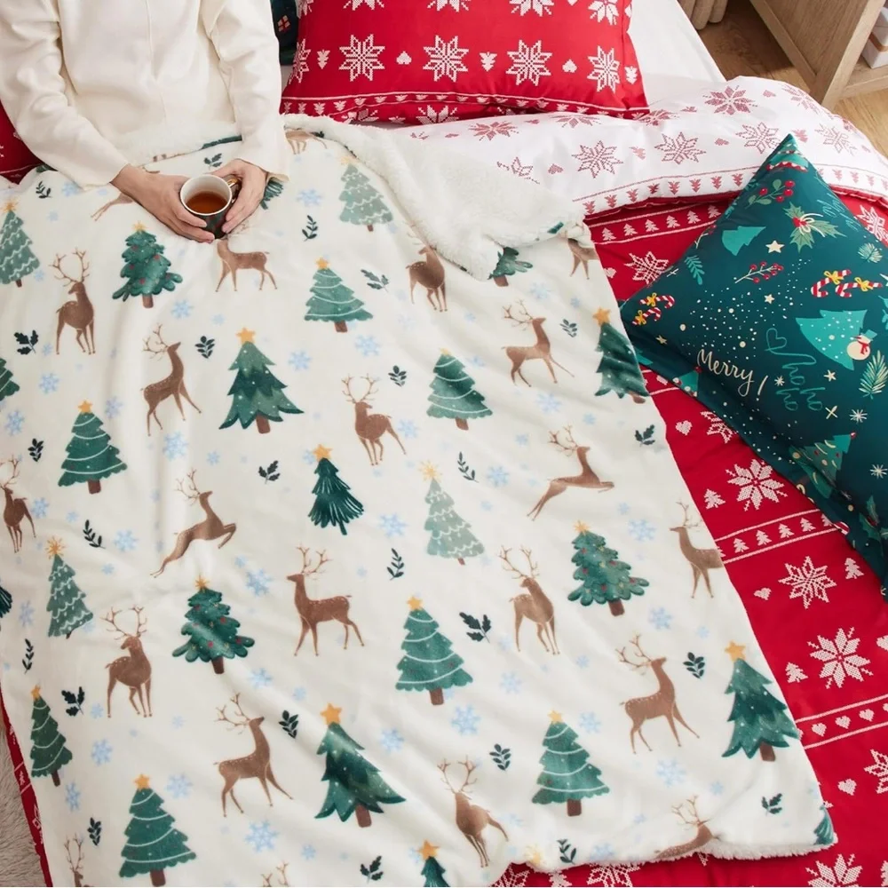 Festive Reindeer and Tree Holiday Throw Blanket